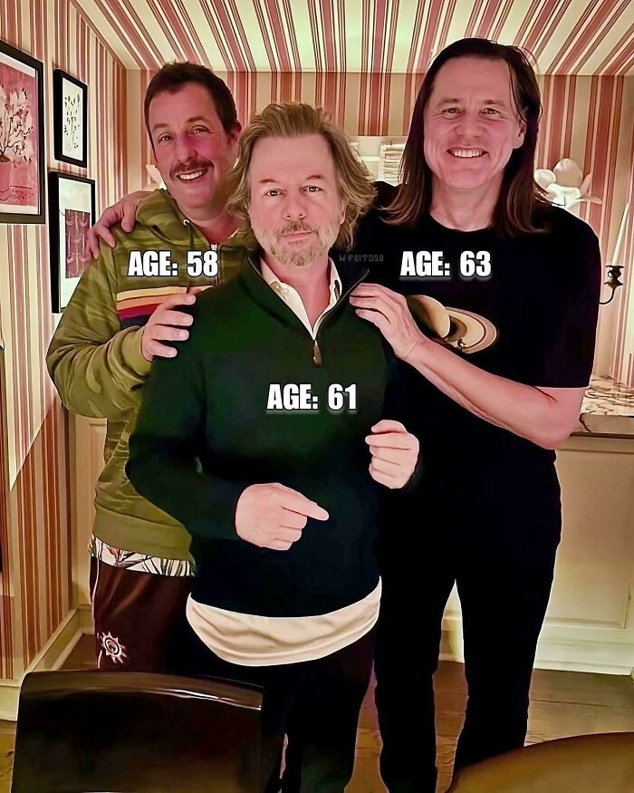 Three men aged 58, 61, and 63 standing together, evoking ’90s posts and nostalgic memories.