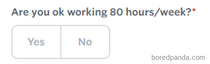 Survey question asking if candidate is okay working 80 hours per week with Yes and No response buttons.