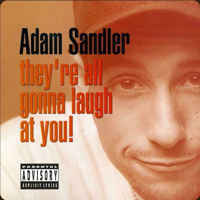 Adam Sandler album cover from the ’90s with a close-up portrait and bold orange text showing nostalgic memories.