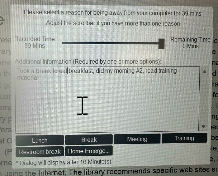 Work interface screen showing time tracking and reasons for being away from computer, highlighting working in 2025 challenges.