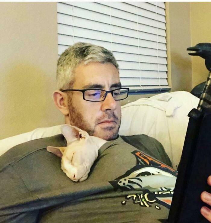 Man wearing glasses reading on a tablet with a sleeping hairless cat on his chest, showing dads who said no pets became softies.
