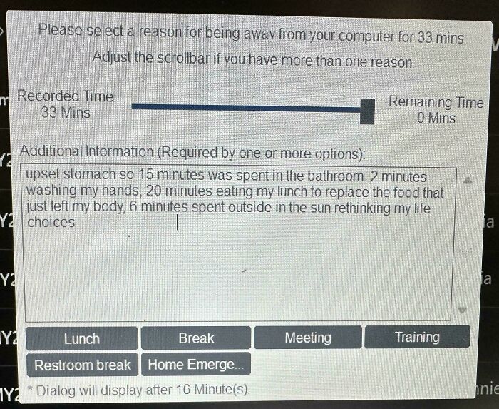 Workplace screen showing a detailed time log for breaks highlighting challenges of working in 2025 as a nightmare.
