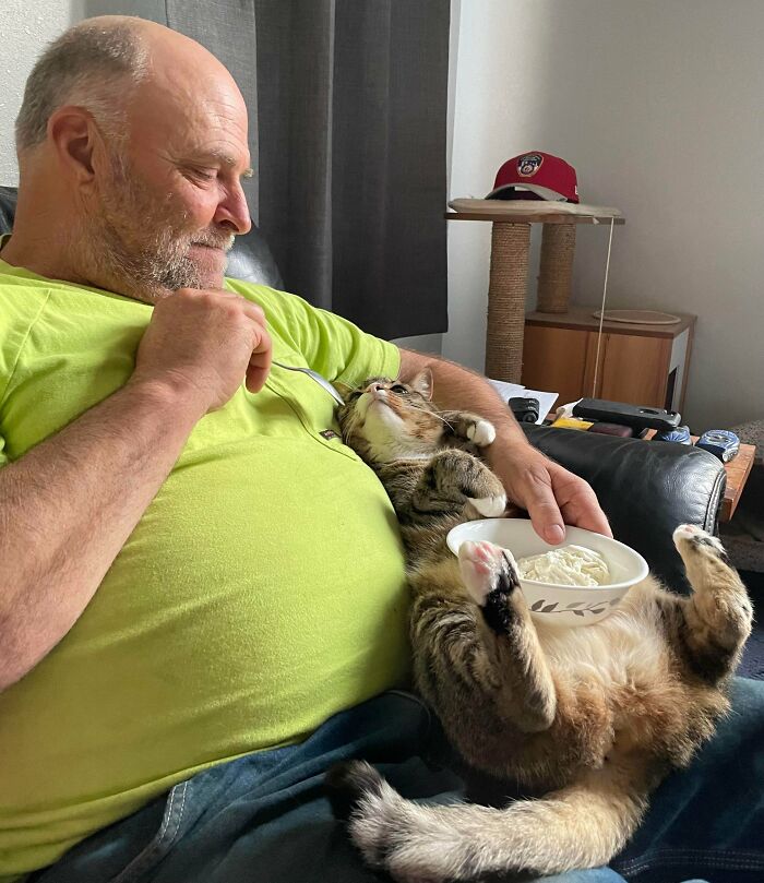 Man in a green shirt feeding a relaxed cat on his lap, showing dads who said no pets becoming total softies.