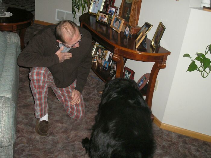 Man kneeling on carpeted floor playing with large black dog near wooden photo table in cozy living room.