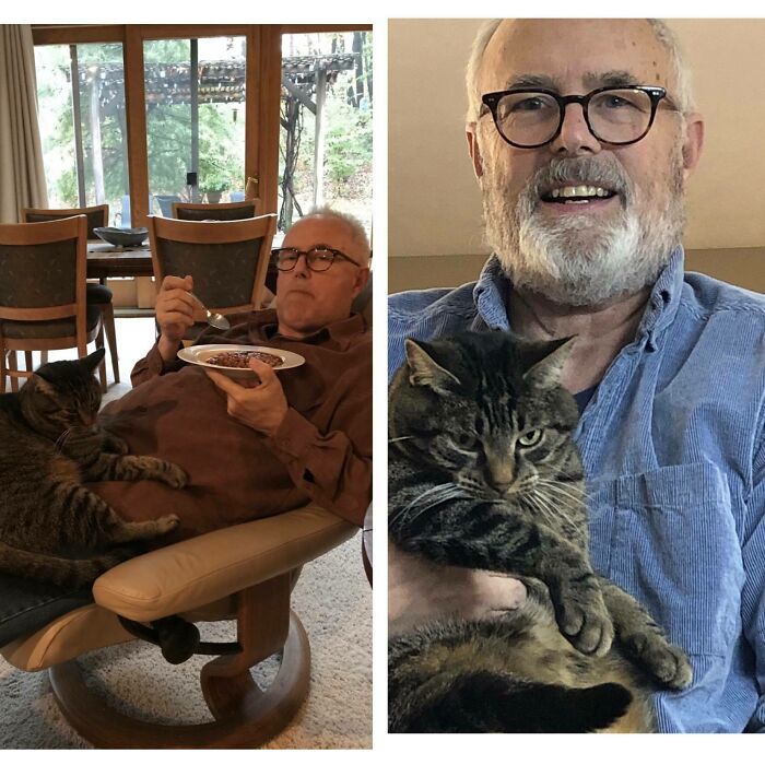 Older dad enjoying time with his pet cat, showing dads who said no pets and became total softies.