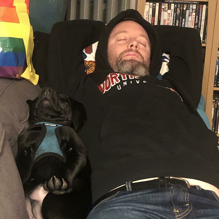 Man in a hoodie lying on a couch relaxing next to a black dog wearing a blue harness showing dads who said no pets becoming softies