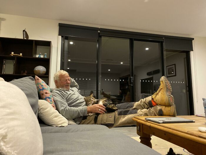 Older dad relaxing on couch with cat on lap, showing a soft side despite no pets rule.