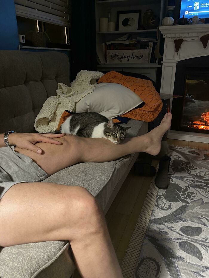 Man relaxing on couch with a cat resting on his leg near a cozy fireplace showing dads becoming pet softies.