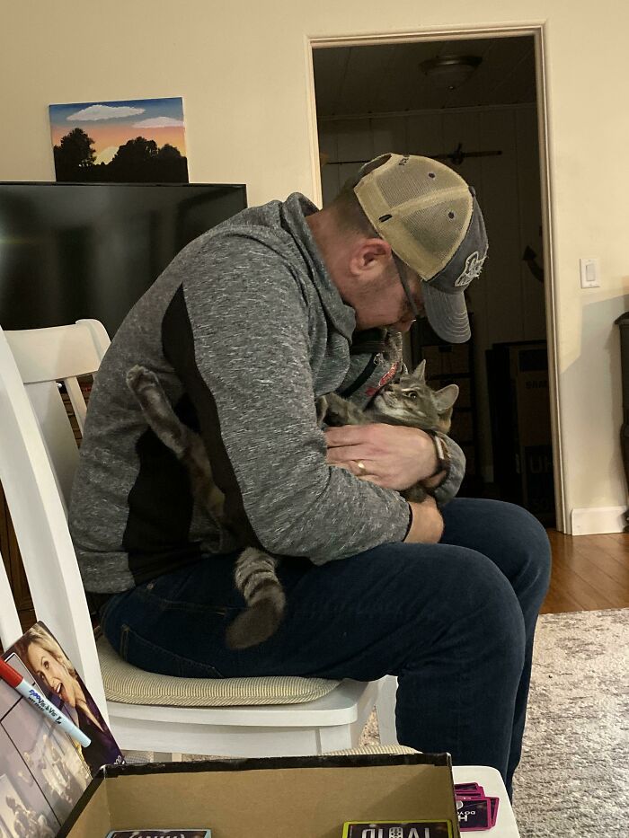 Dad who said no pets cuddling a gray tabby cat indoors, showing unexpected tenderness and affection.
