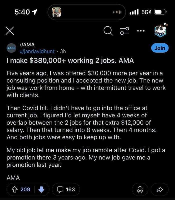 Reddit post discussing making over $380,000 working two jobs, highlighting challenges of parts of working in 2025 nightmare.