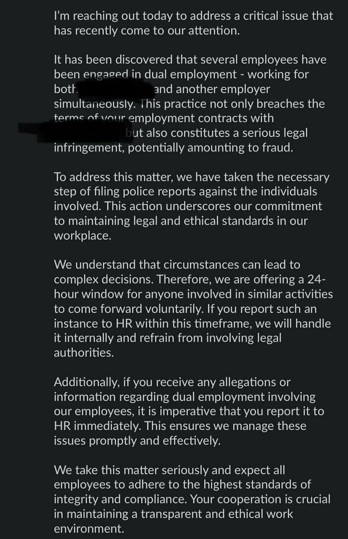 Warning message about the nightmare of dual employment and legal risks in working in 2025 workplaces.