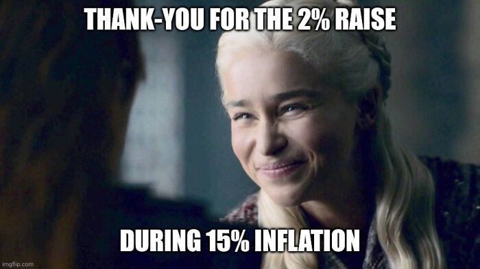 Smiling woman sarcastically reacting to a 2% raise during 15% inflation, highlighting parts of working in 2025 nightmare.