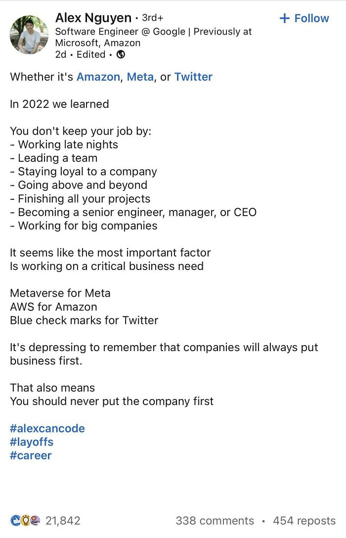 LinkedIn post by software engineer discussing the nightmare parts of working in 2025 and career challenges.