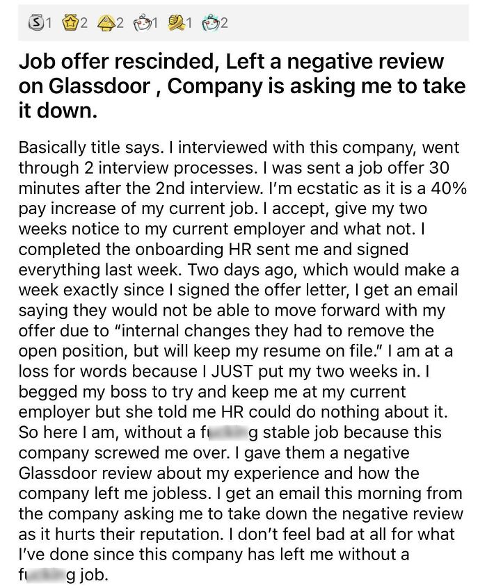 Employee shares nightmare experience of job offer rescinded and being asked to remove negative review in 2025 work environment.