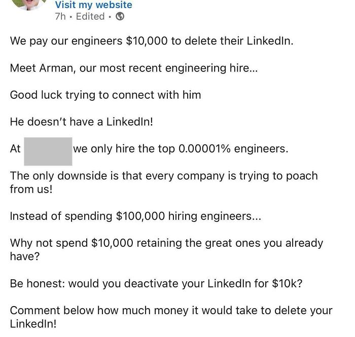 Post discussing paying engineers $10,000 to delete LinkedIn, highlighting challenges in working in 2025 nightmare parts.