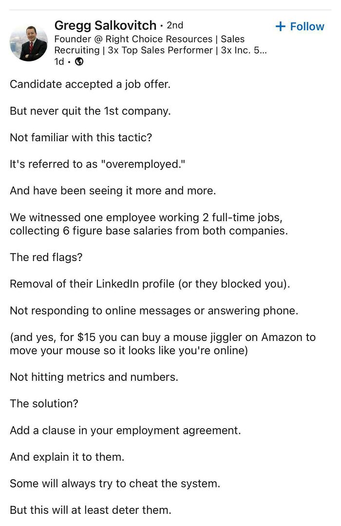 LinkedIn post discussing the nightmare of overemployed workers juggling multiple full-time jobs in 2025 workplaces.