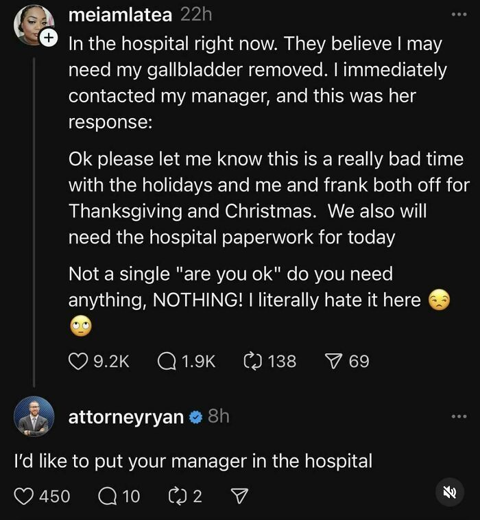 Screenshot of social media post showing a work nightmare involving unsupportive management during a medical emergency in 2025.