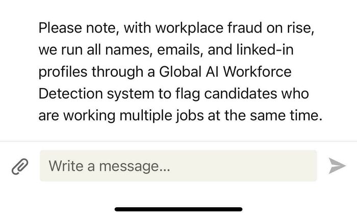 Screenshot of a message explaining AI workforce detection used to flag candidates working multiple jobs, highlighting parts of working in 2025.