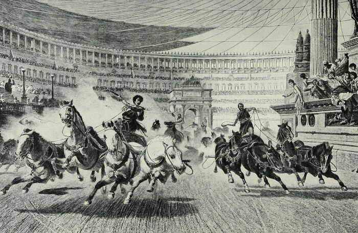 Ancient chariot race in a Roman arena depicting historical scenes often mistaken as true facts about history.
