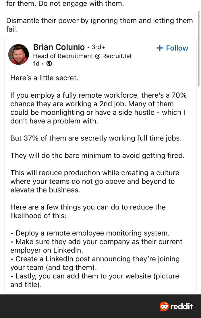 LinkedIn post by recruitment head sharing challenges of managing a fully remote workforce in 2025 work nightmare parts.