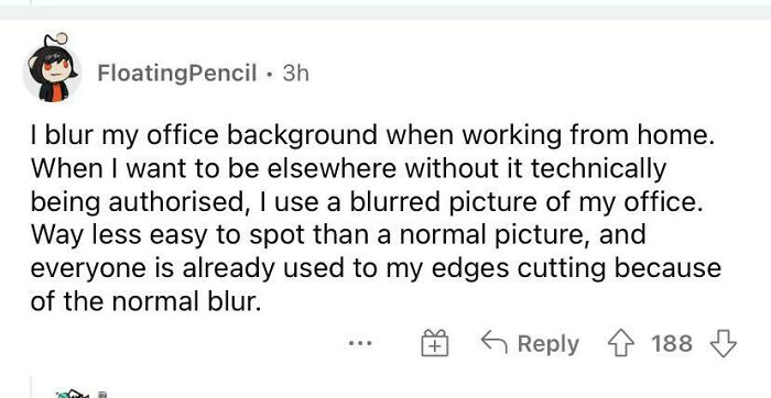 User sharing a tip on working from home about using a blurred office background to improve video call privacy in 2025.