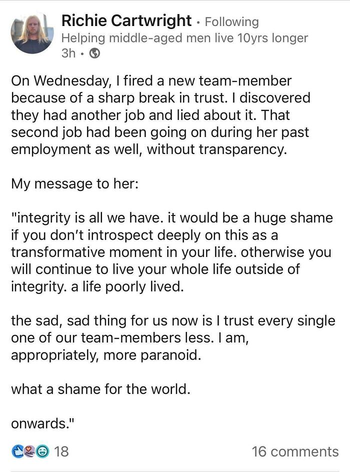 LinkedIn post about workplace trust issues and integrity challenges highlighting parts of working in 2025 that are a nightmare.