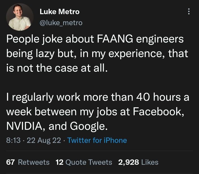 Tweet by Luke Metro sharing experience of working long hours at Facebook, NVIDIA, and Google, highlighting working in 2025 challenges.