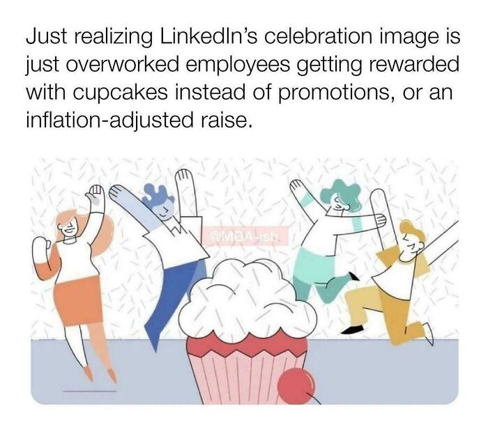 Illustration of overworked employees celebrating with cupcakes, highlighting parts of working in 2025 that are a nightmare.