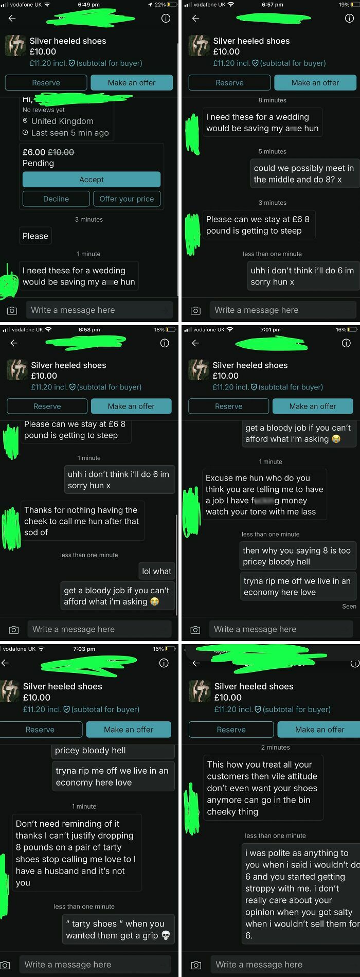 Chat conversation screenshots showing an intense negotiation over silver heeled shoes in a wild Vinted online selling post.