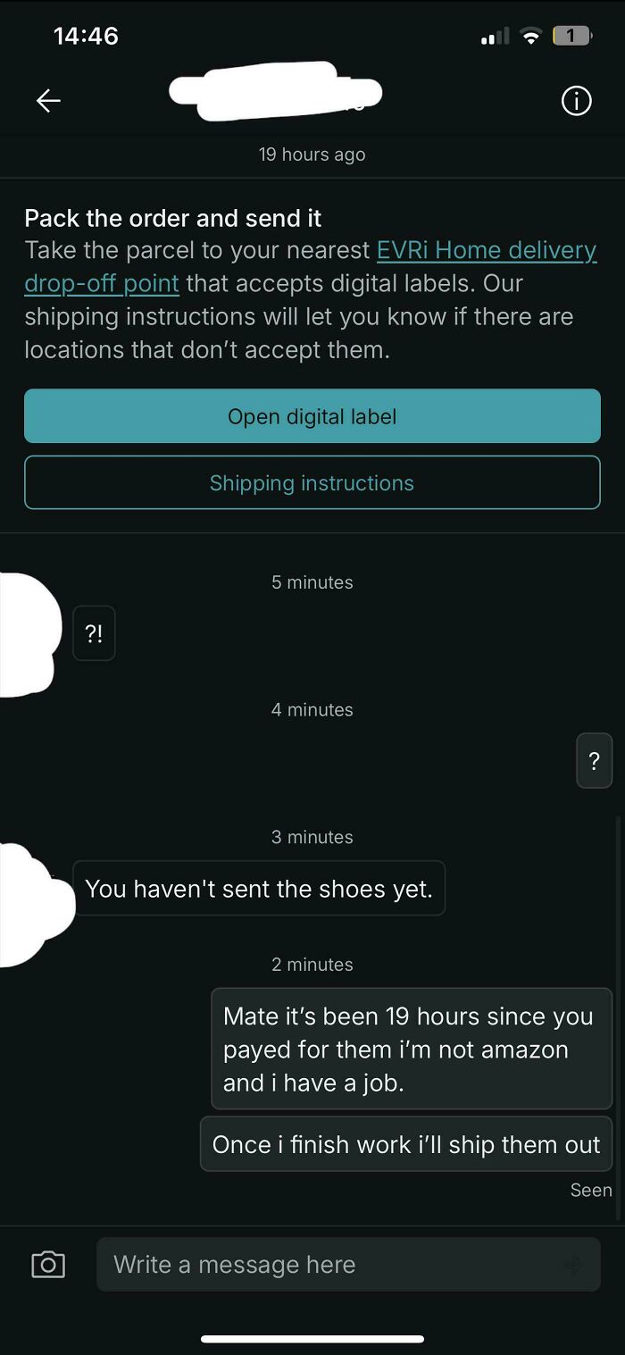 Screenshot of a wild Vinted post showing a buyer impatiently demanding shipped shoes from a seller.