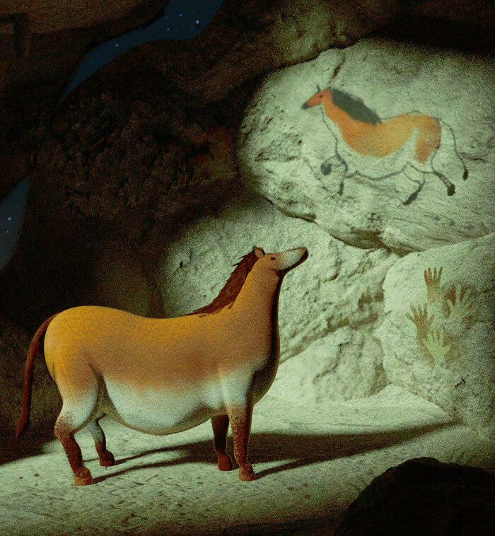 Ancient cave paintings of horses and handprints illuminated in a rocky cave, showcasing nature was metal long ago.