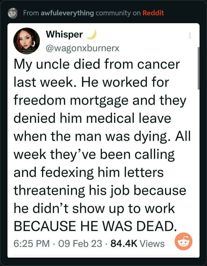 Social media post describing a nightmare of working in 2025, where a dying employee is denied medical leave.