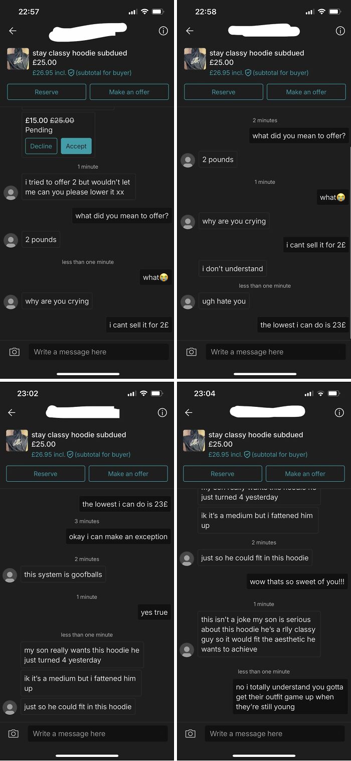 Screenshots of wild Vinted posts showing unusual buyer-seller chats about a hoodie, highlighting unhinged online selling moments.