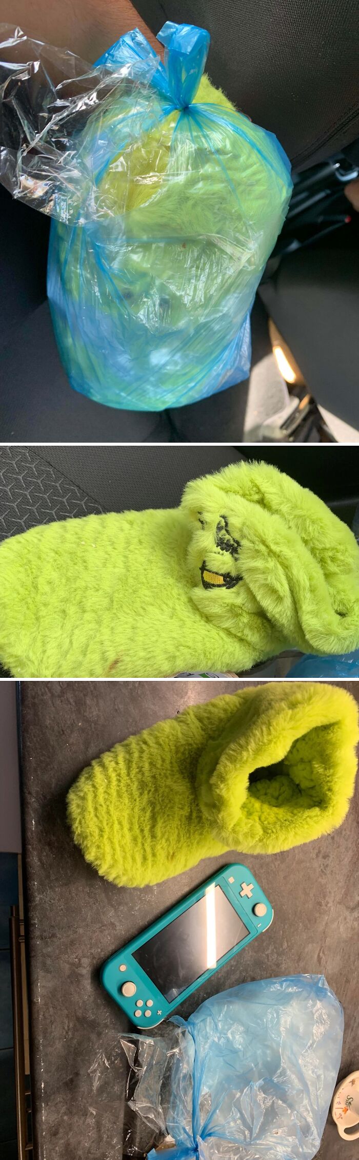 Bright green fuzzy slipper shown wrapped in plastic bag and next to a turquoise handheld gaming console for wild Vinted posts.