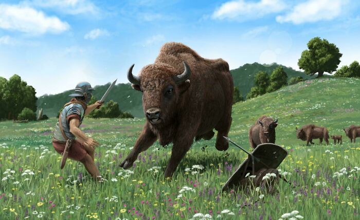 Ancient hunter facing a charging large extinct bison in a lush green field with wildflowers and trees around.