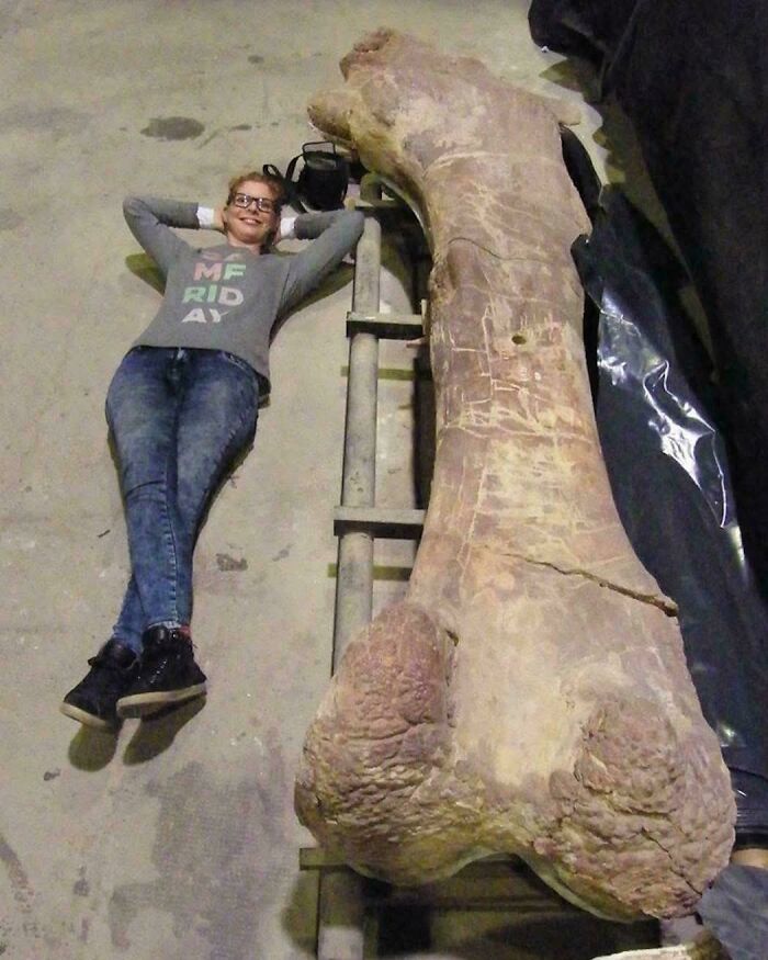 Woman lying on the ground next to a massive prehistoric bone, illustrating nature was metal millions of years ago.