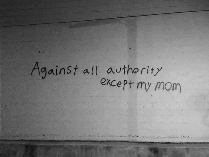 Graffiti on a brick wall reading against all authority except my mom, a creative example of vandalized public property.