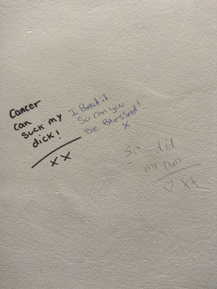 Graffiti on public property wall with messages about beating cancer and expressing gratitude, showing unique vandalized public property.