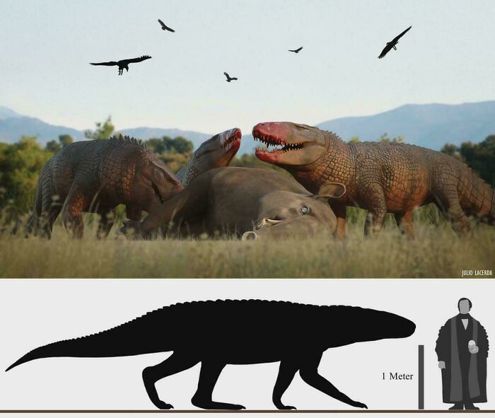 Reconstructed image of prehistoric reptile feeding on a large mammal, illustrating nature was metal millions of years ago.