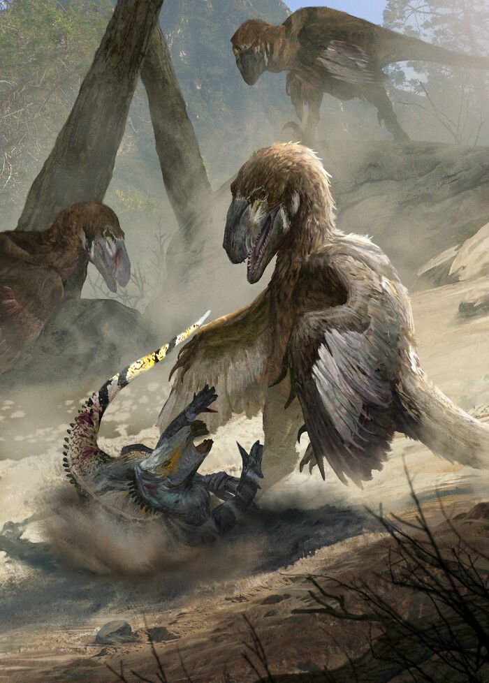 Extinct creatures battling in a prehistoric dusty forest, showcasing fierce nature and ancient wildlife metal intensity.