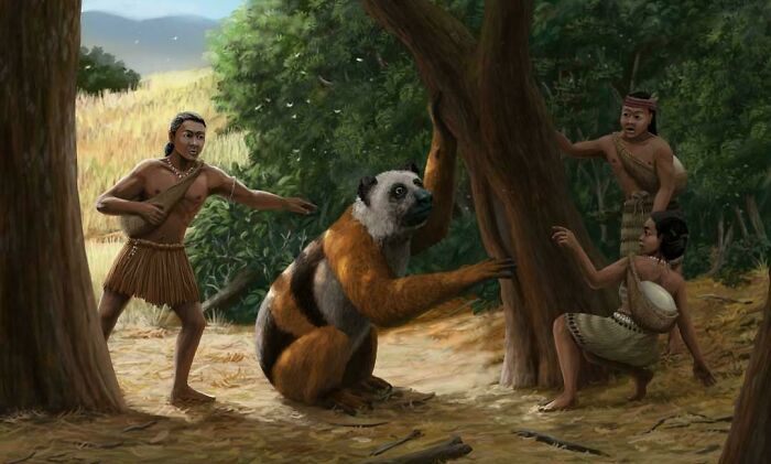 Extinct creature resembling a large primate surrounded by early humans in a forest, highlighting nature's metal past.