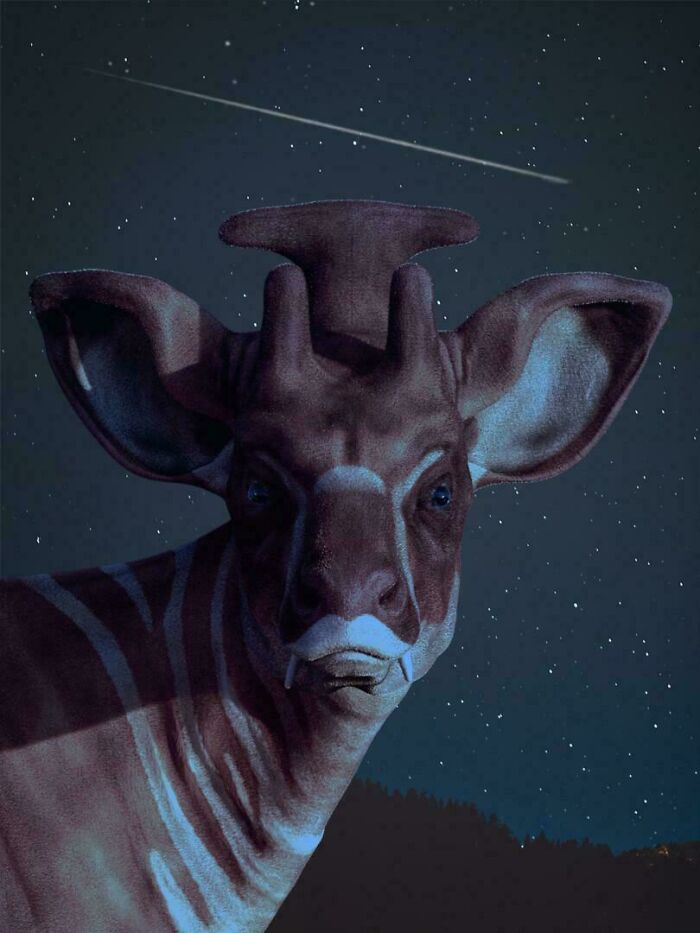Extinct creature with large ears and striped body under a starry night sky, highlighting nature and extinct creatures.