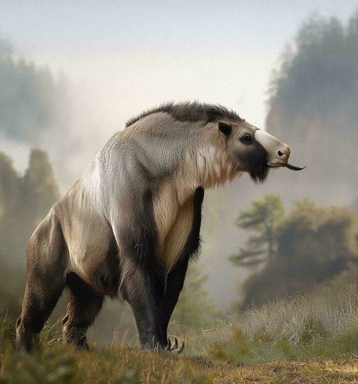 Extinct prehistoric mammal with large tusks in a misty natural landscape showing nature was metal millions of years ago