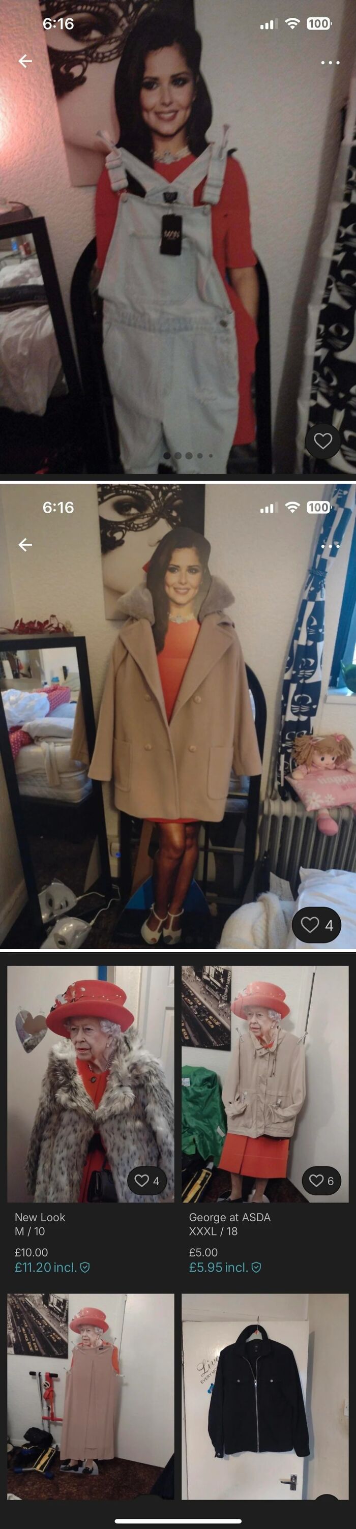 Multiple wild Vinted posts showing unusual online selling listings with mannequins and cutouts in clothing.