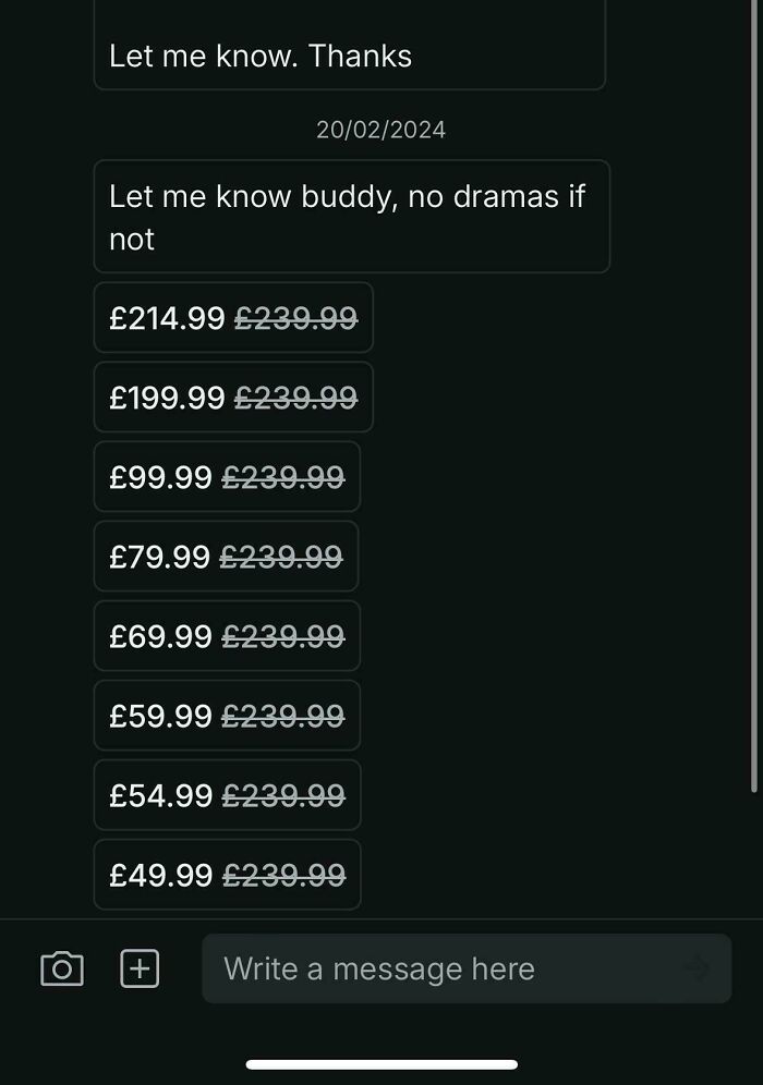Chat conversation showing multiple declining Vinted price offers from £214.99 to £49.99, highlighting unhinged online selling.