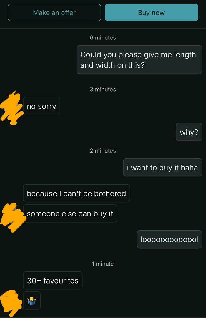 Chat conversation on Vinted showing an unhinged online selling exchange with a seller refusing buyer's simple request.