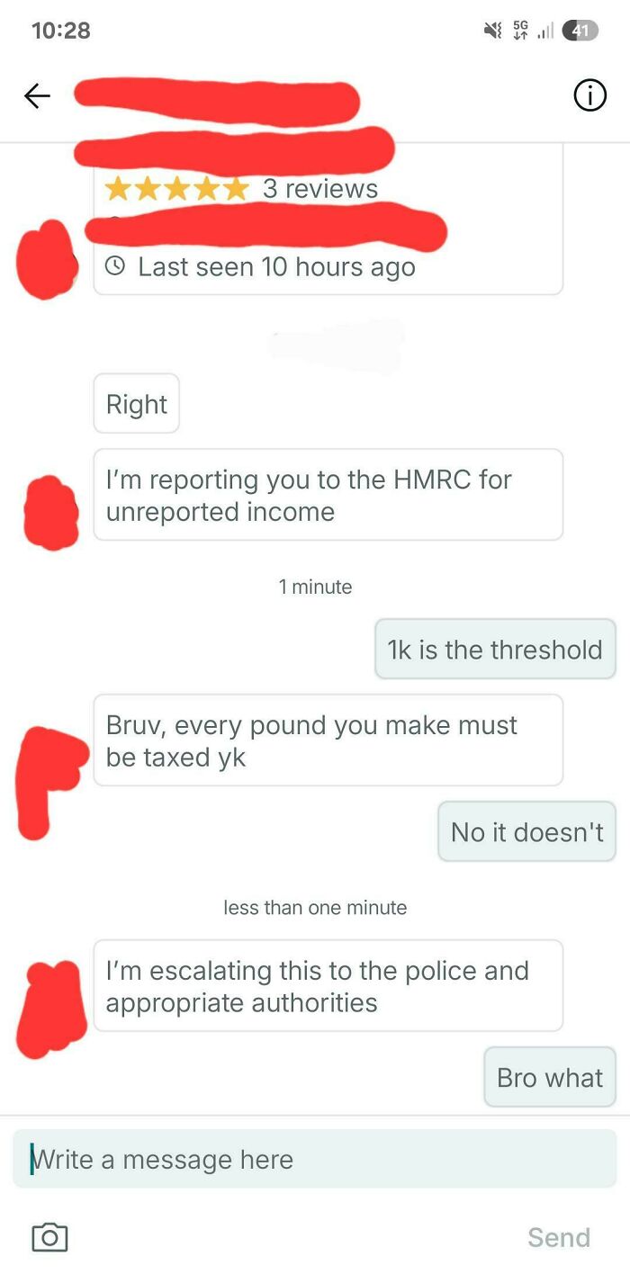 Screenshot of a wild Vinted post showing a heated conversation about unreported income and tax threats.