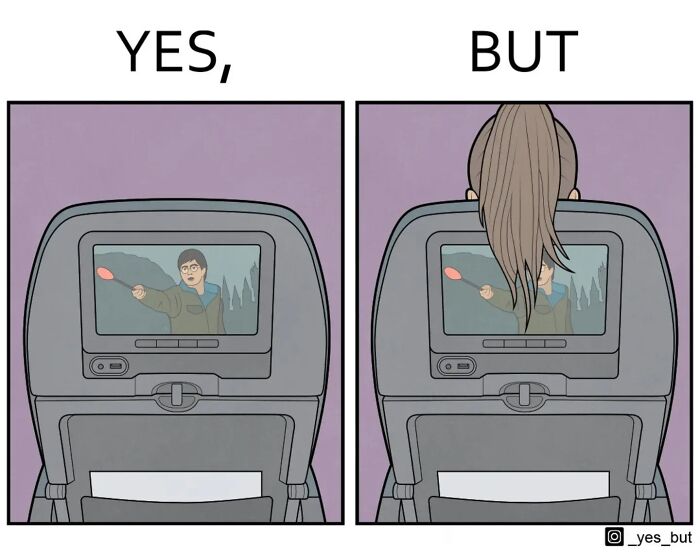 Illustration highlighting society’s double standards showing a movie screen viewed with and without a person’s hair blocking the view.