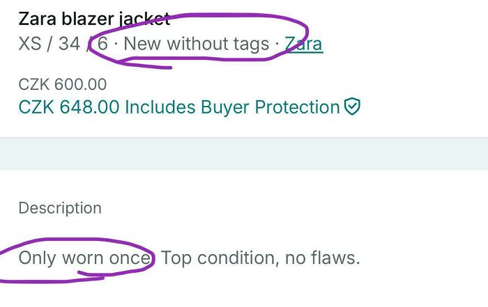 Online selling listing showing Zara blazer jacket described as new without tags but only worn once on Vinted.