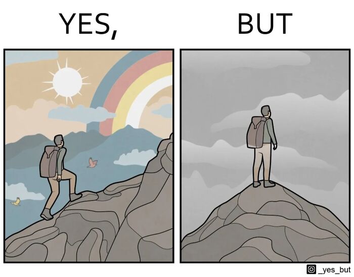 Illustration showing society’s double standards through colorful and gray scenes of a hiker on a mountain peak.